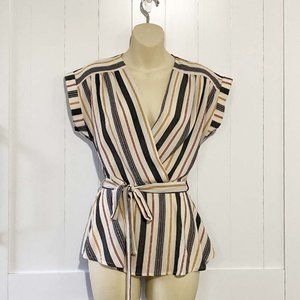 Faux Wrap Blouse, Striped with Cinched Waist | L